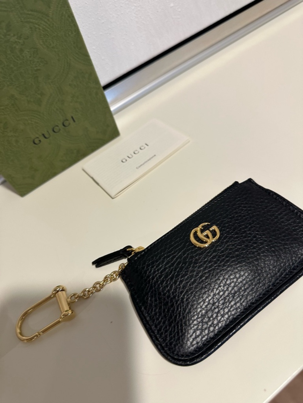 Gucci Marmont Black Pebbled Leather Key Case with Gold Double G Chain